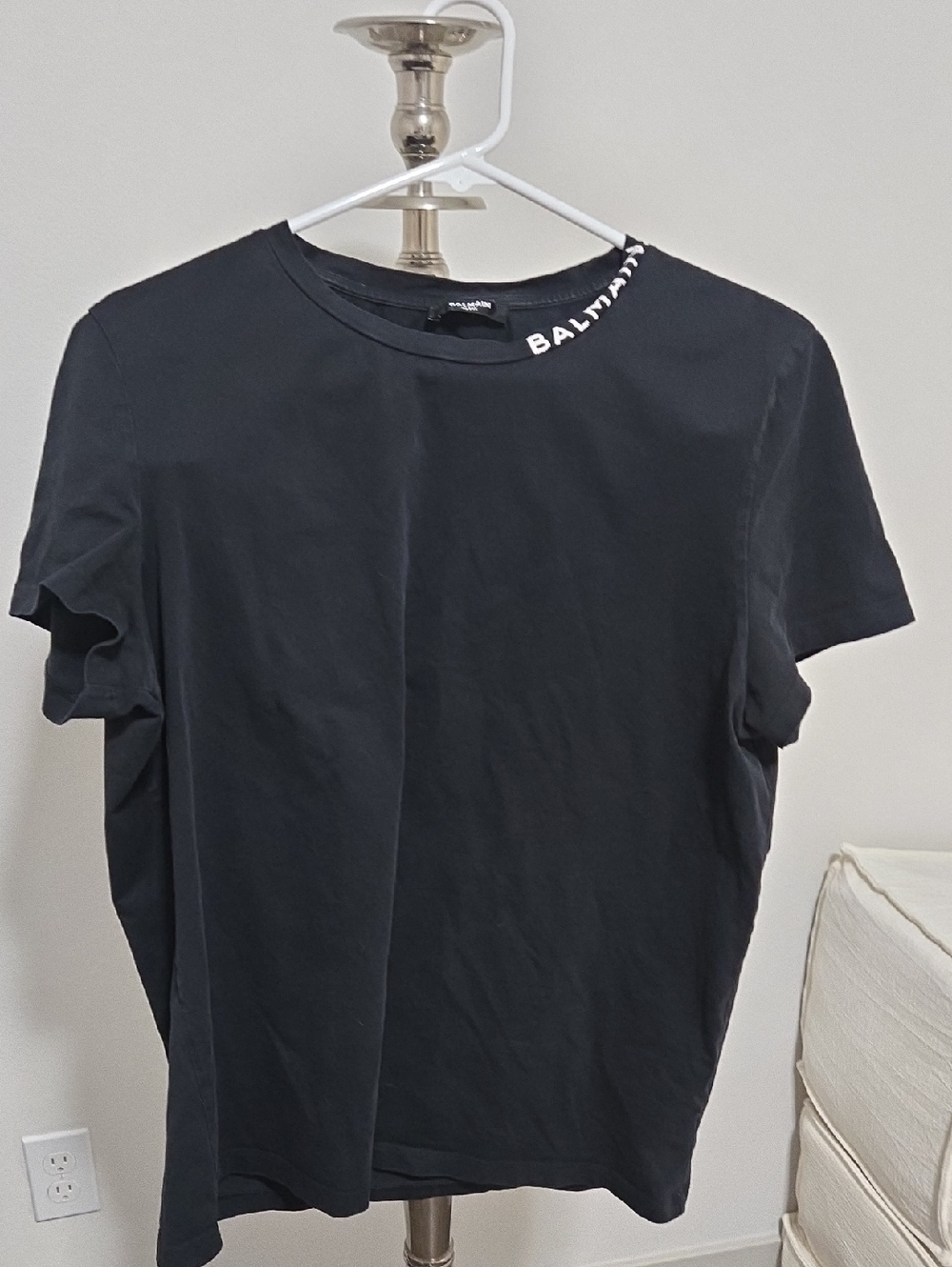 Balmain Black Short Sleeve Crewneck T-Shirt with White Logo Trim